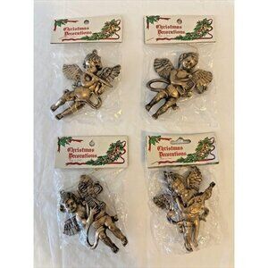 4 Vintage Christmas Ornaments Gold Cherubs Angels 4” Playing Musical Instruments